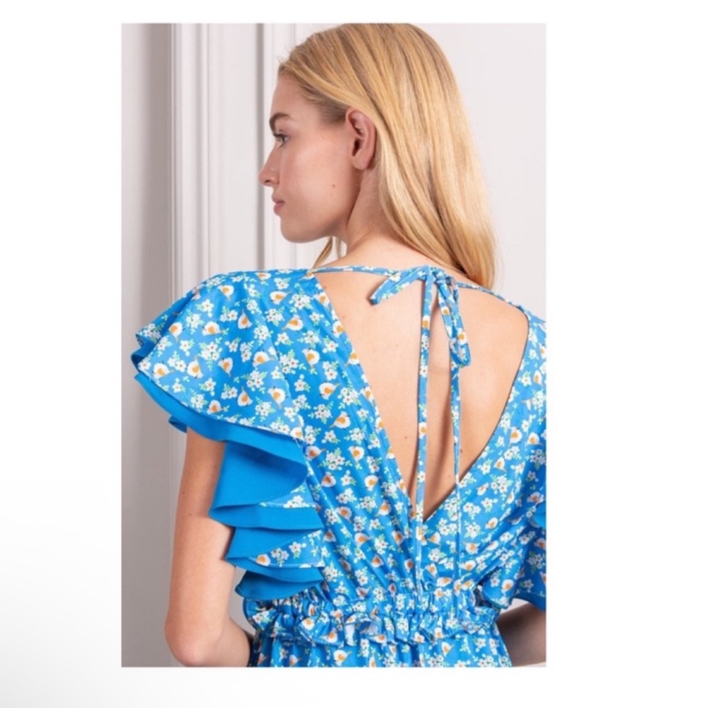New! SENLIS Amalie Blue Floral Ruffle Midi Dress with Open Back - Picture 6 of 13